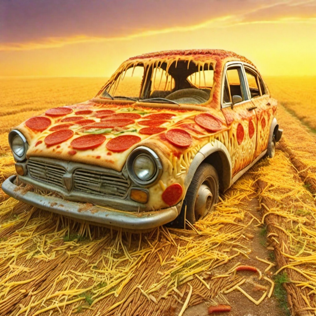 12256-fantasticCharacters_v55 _lora_Pizza_World_Morph_SDXL_1_ pizzasdxl,  Abandoned car in a farmers field.jpg